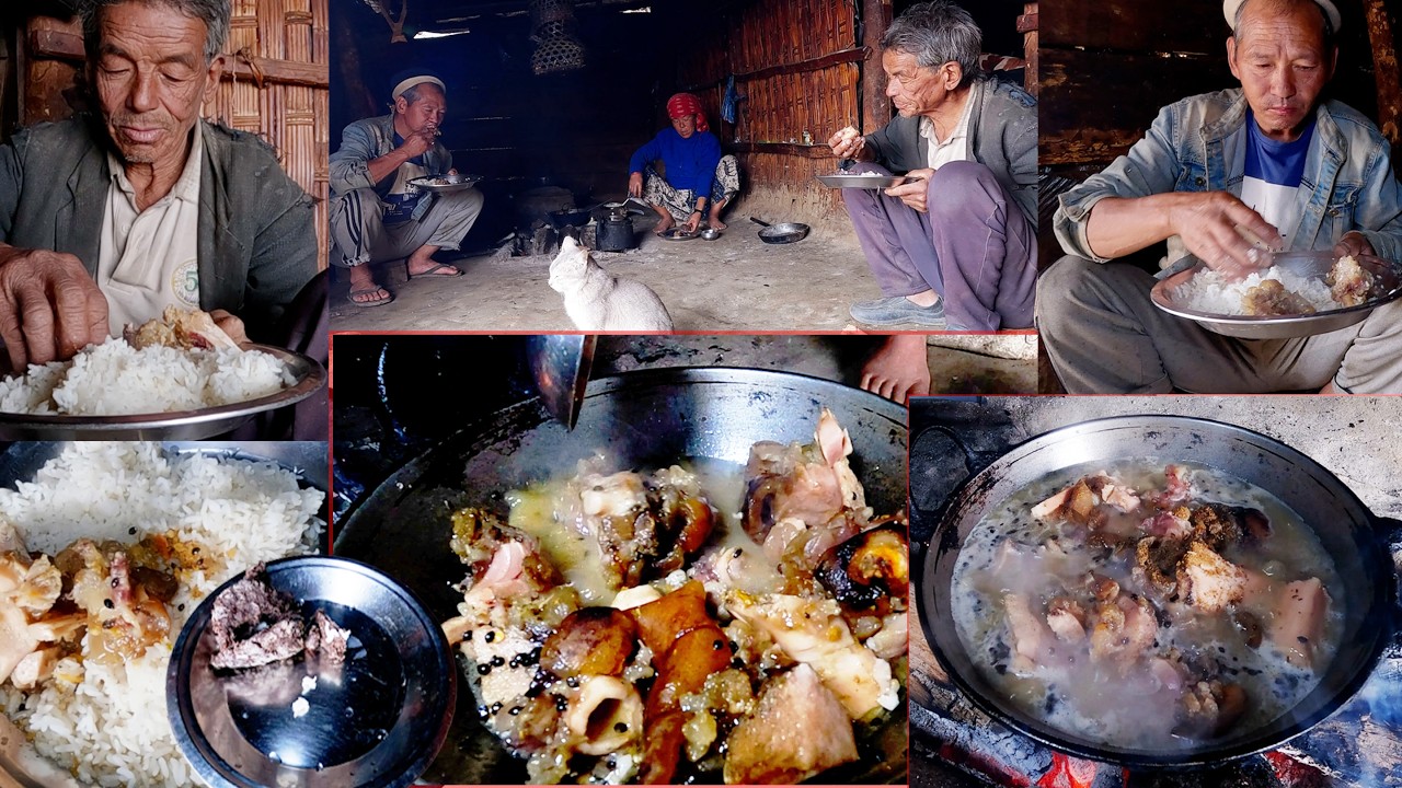 Человек из джунглей ест кости буйвола с рисом вместе с пьяницей из деревни и своим лучшим другом ...