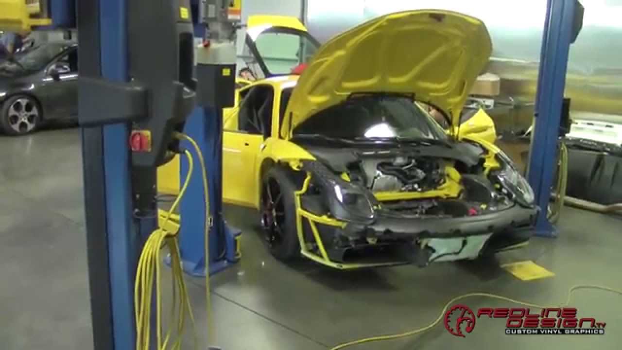 Insane matte finish wrap done on yellow Ferrari by Redline Design in Tampa, Florida!
