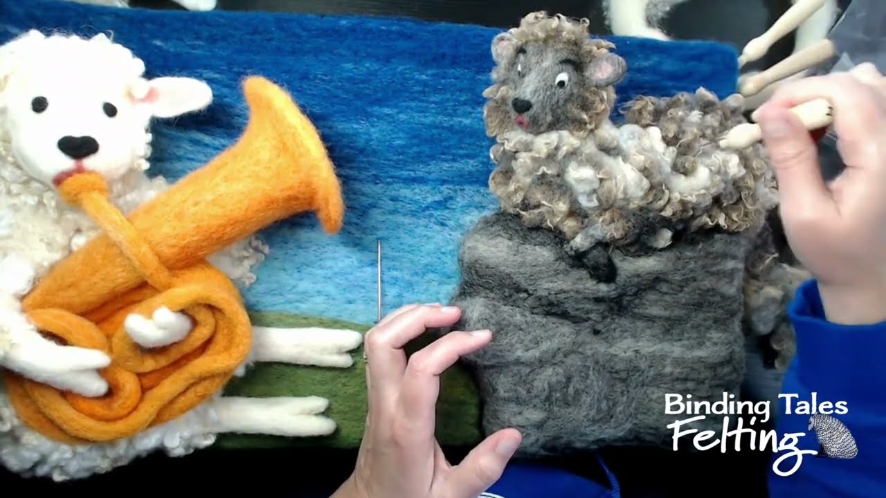 Needle Felting, Adding Wool & Tree Line to Leona's Tuba Illustration