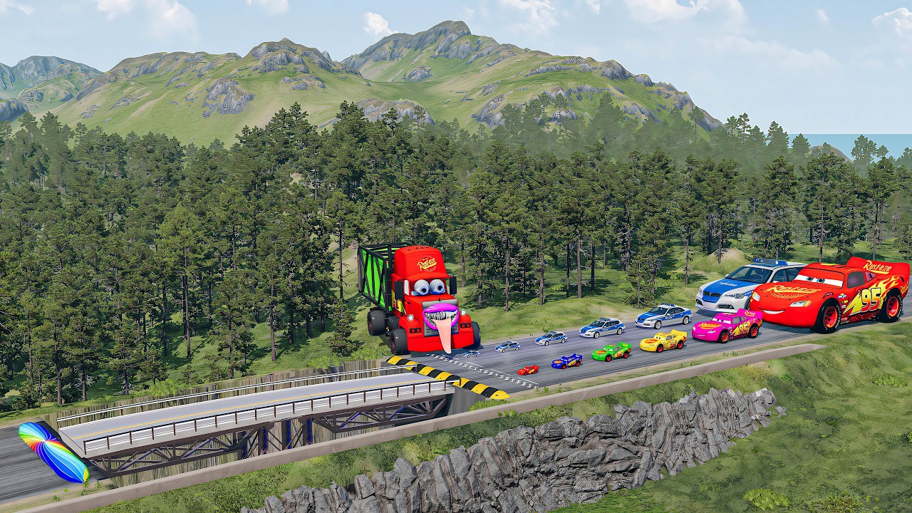 Big & Small McQueen & Police Car vs Zombie Mack, Giant Bridge & Speed Bumps Downhill Race