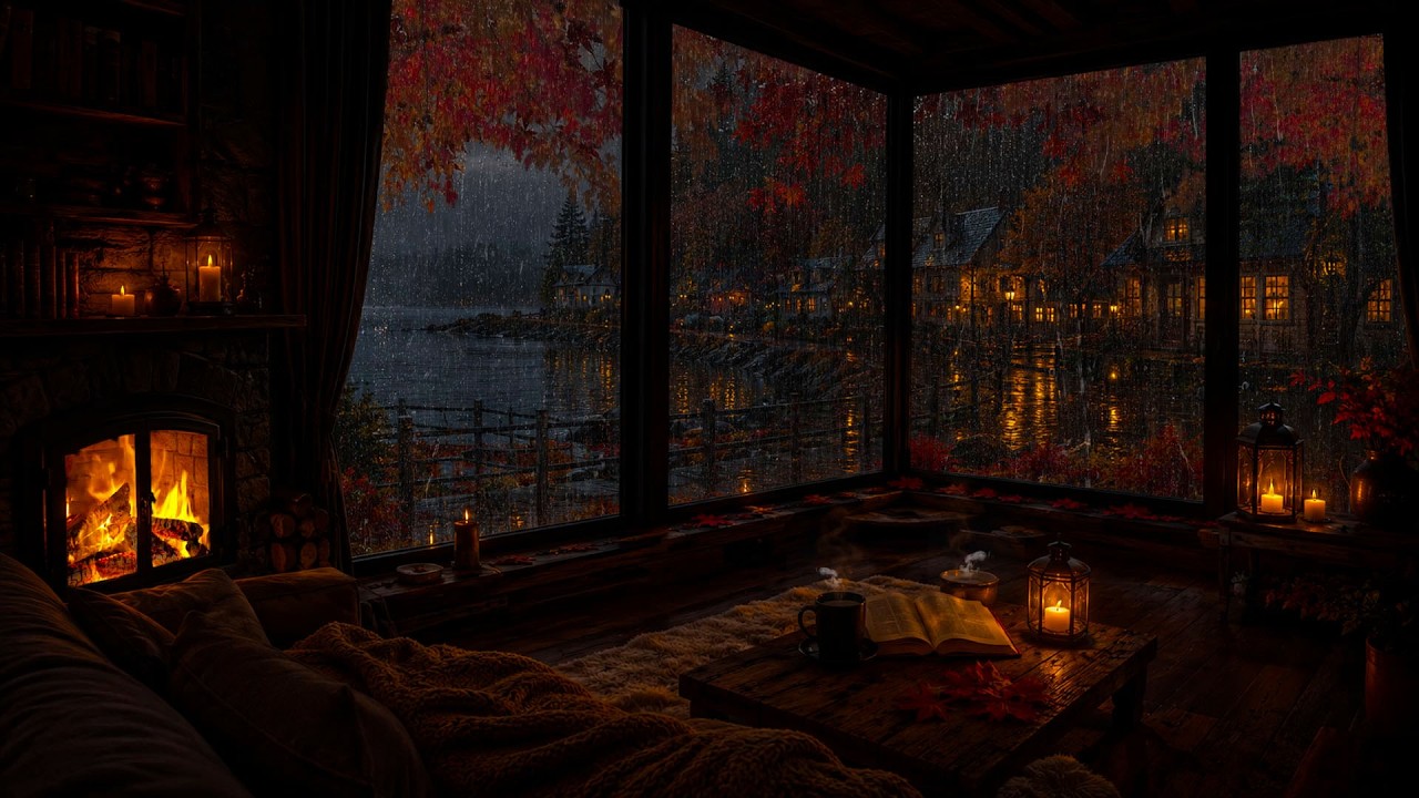Cozy Autumn Rain by the Window (No Ads)🍂Warm Fire, Candles & Rain Sounds for Sleep,Relax,Study💤