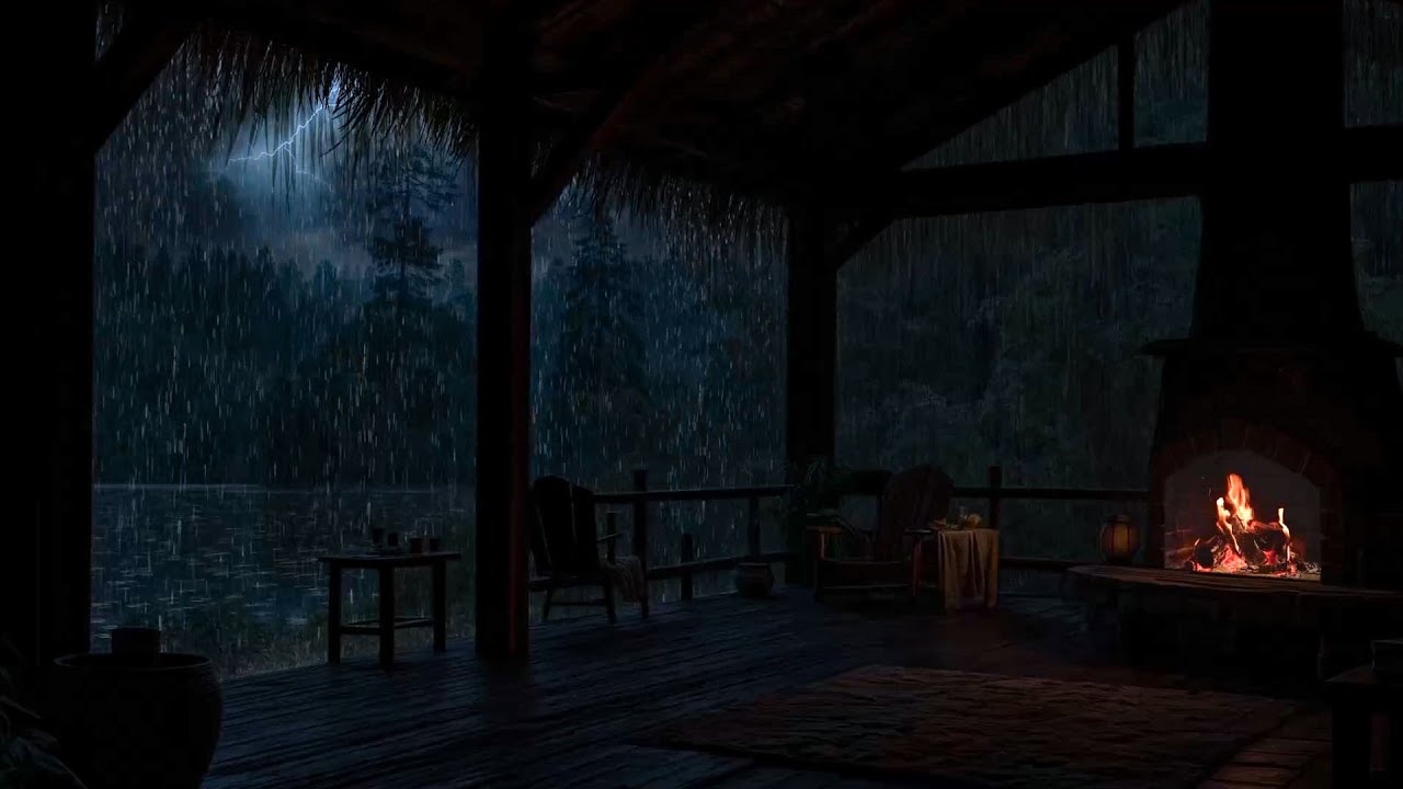 Rainy Night on a Cozy Porch | Crackling Fire & Thunderstorm Sounds for Deep Relaxation 🌧️🔥