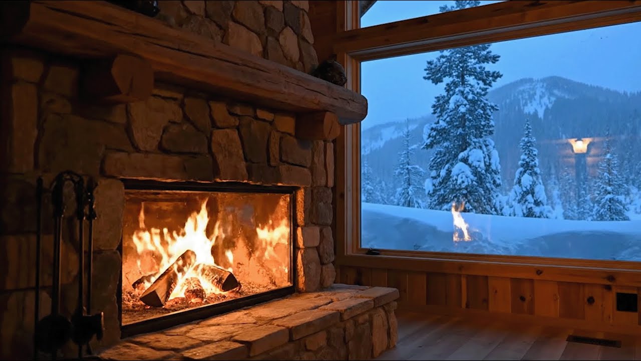 Fireplace & Snowstorm Outside the Window | Cozy Winter Ambience (3 Hours)
