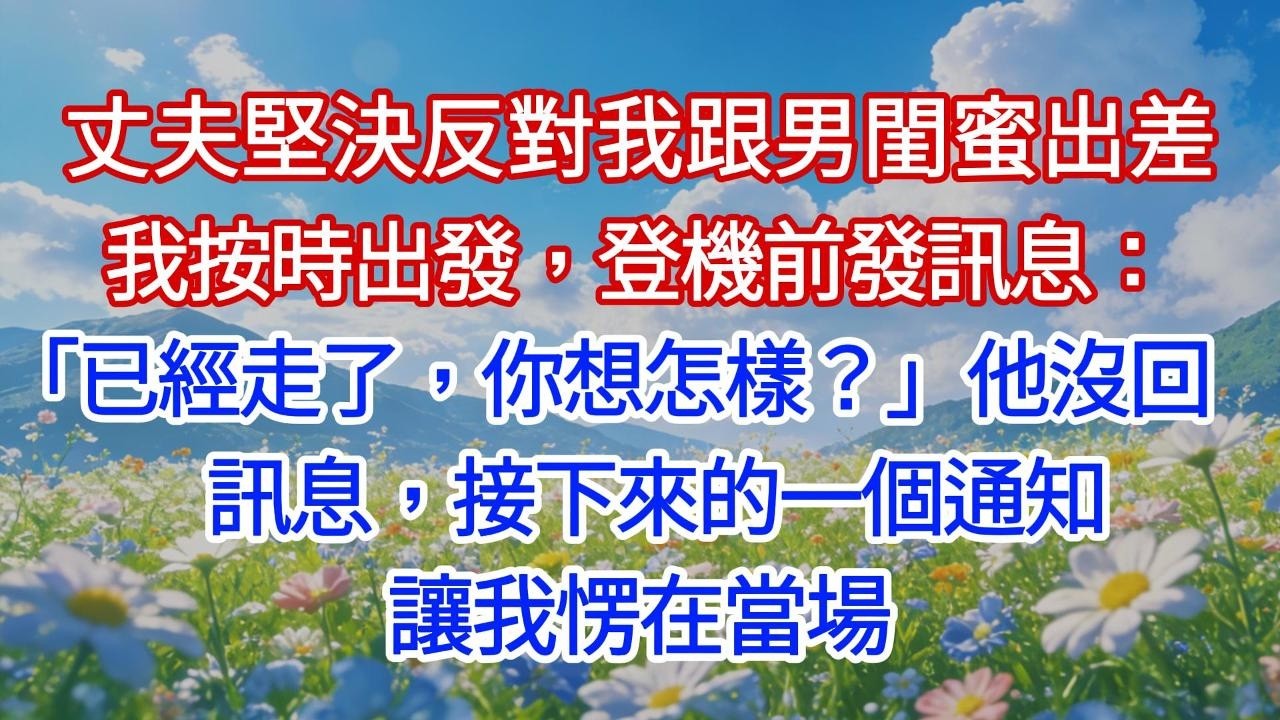 丈夫堅決反對我跟男閨蜜出差，我按時出發，登機前發訊息：「已經走了，你想怎樣？」他沒回訊息，接下來的一個通知讓我愣在當場