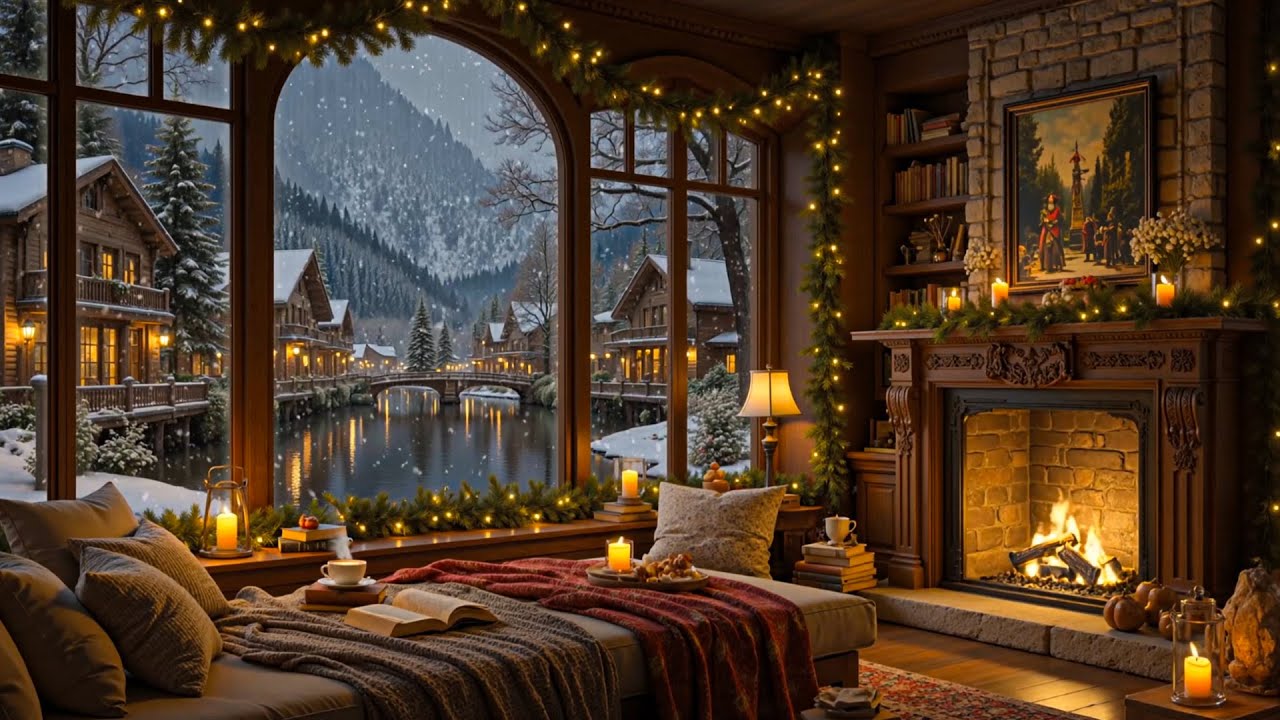 Cozy Winter Cabin Jazz ❄️ Fireplace Ambience Overlooking a Snowy Alpine Village for Relaxation