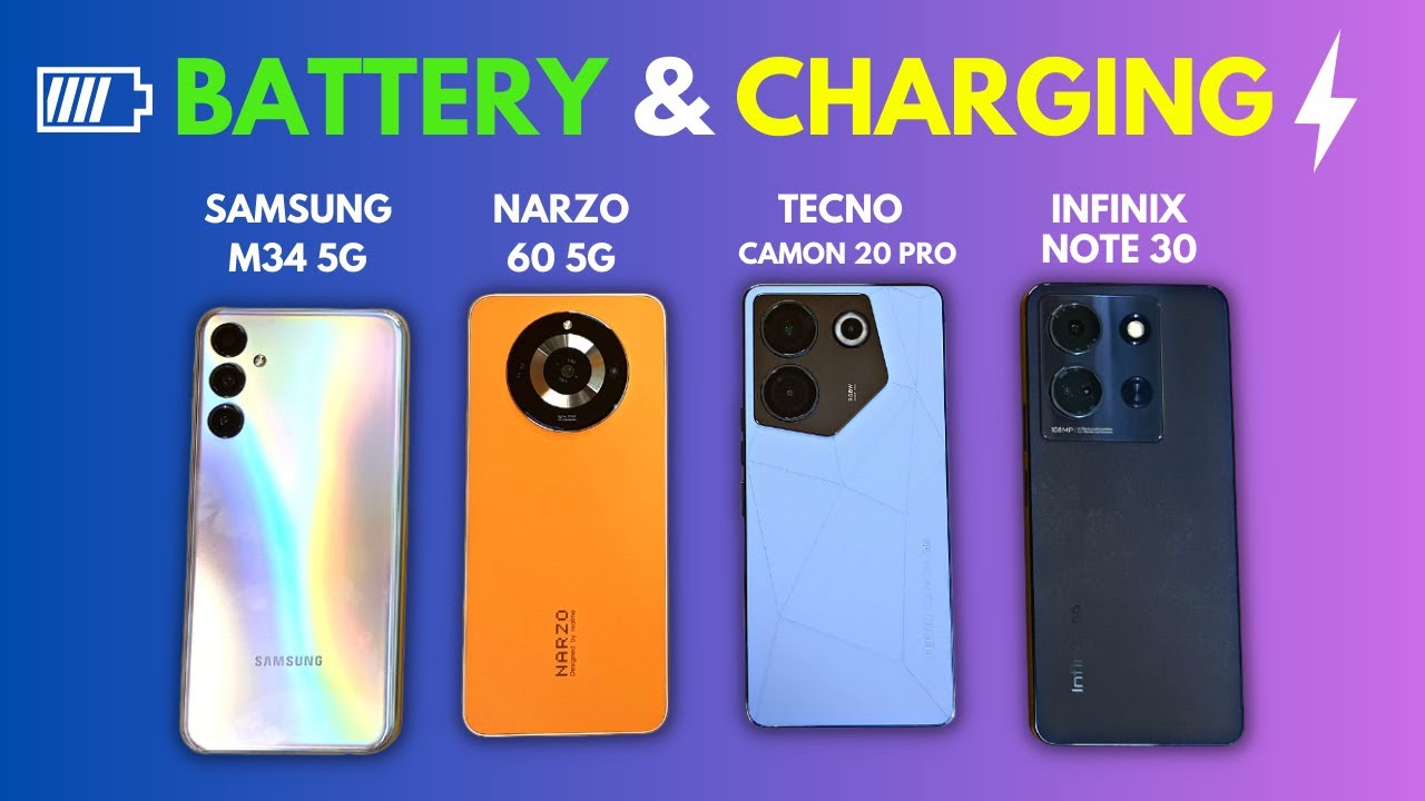 Full Battery Drain | Charging Test: Samsung M34 vs Narzo 60 vs Tecno Camon 20 Pro vs Infinix Note 30