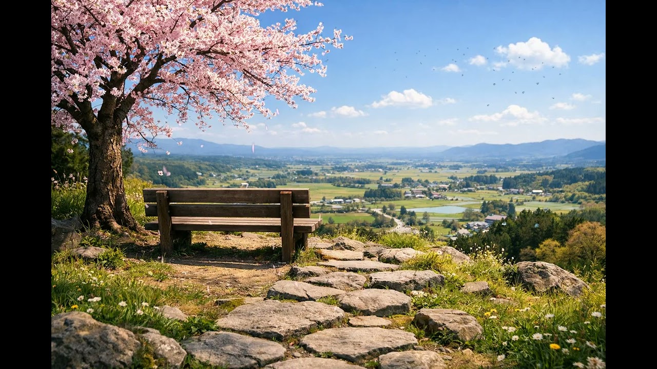 Relaxing Cherry Blossom Tree at the Top of a Hill, Japan Ambience with Bird Sounds & Wind