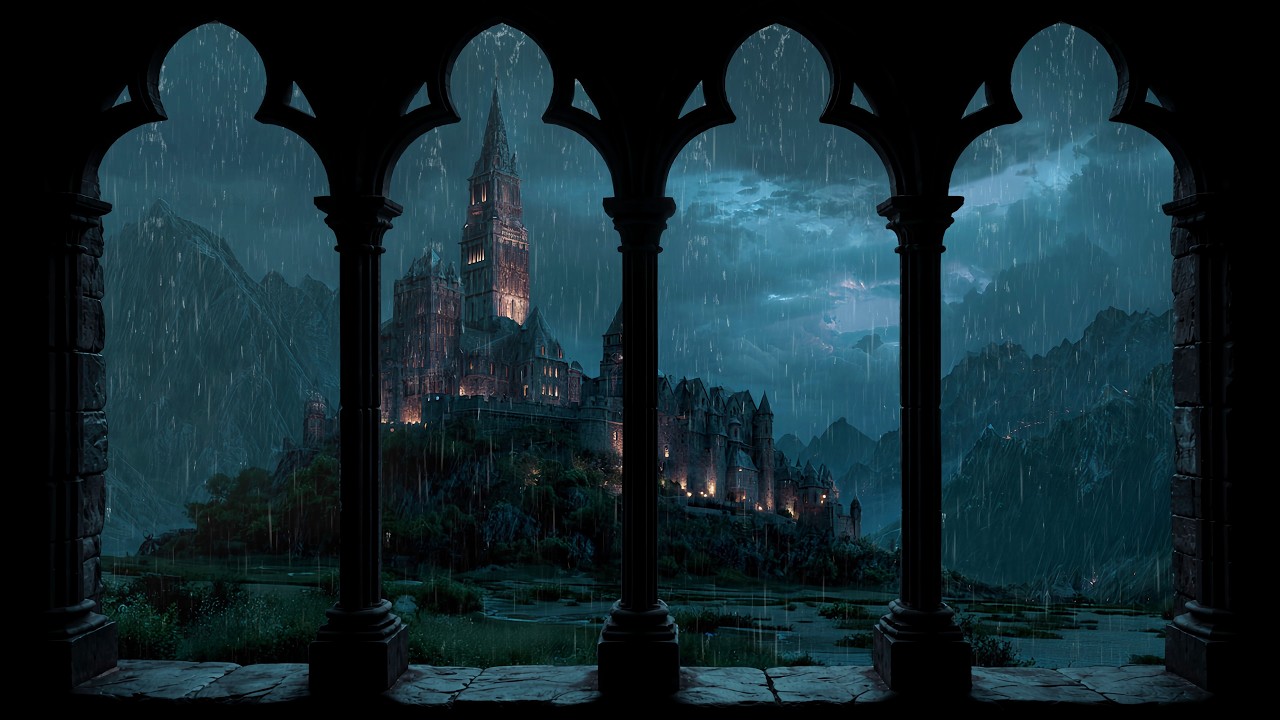 4K Rainy Medieval Castle Window View: Rain Sounds and Castle Ambience for Sleep & Anxiety Relief