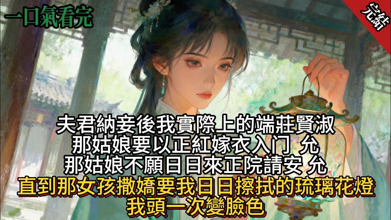 夫君納妾後，我一如既往的端莊賢淑。那姑娘要以正紅嫁衣入門，允。那姑娘不願日日來正院請安，允。那姑娘嫌避子湯藥苦不願喝，允。直到那姑娘撒嬌，鬧著要我台前日日擦拭的琉璃花燈。我頭一次變了臉色。