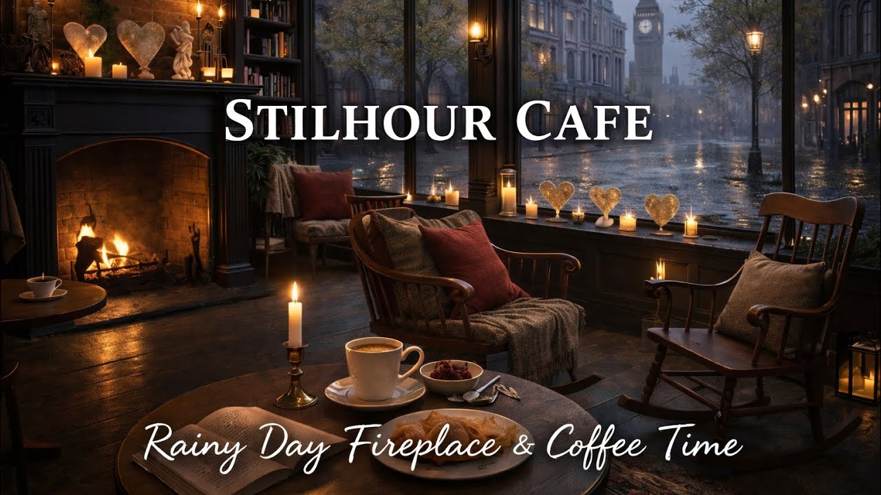 Rainy London Cafe cozy Ambience ☕ Quiet Reading Time by the Fireplace (No Music, 1 Hour)