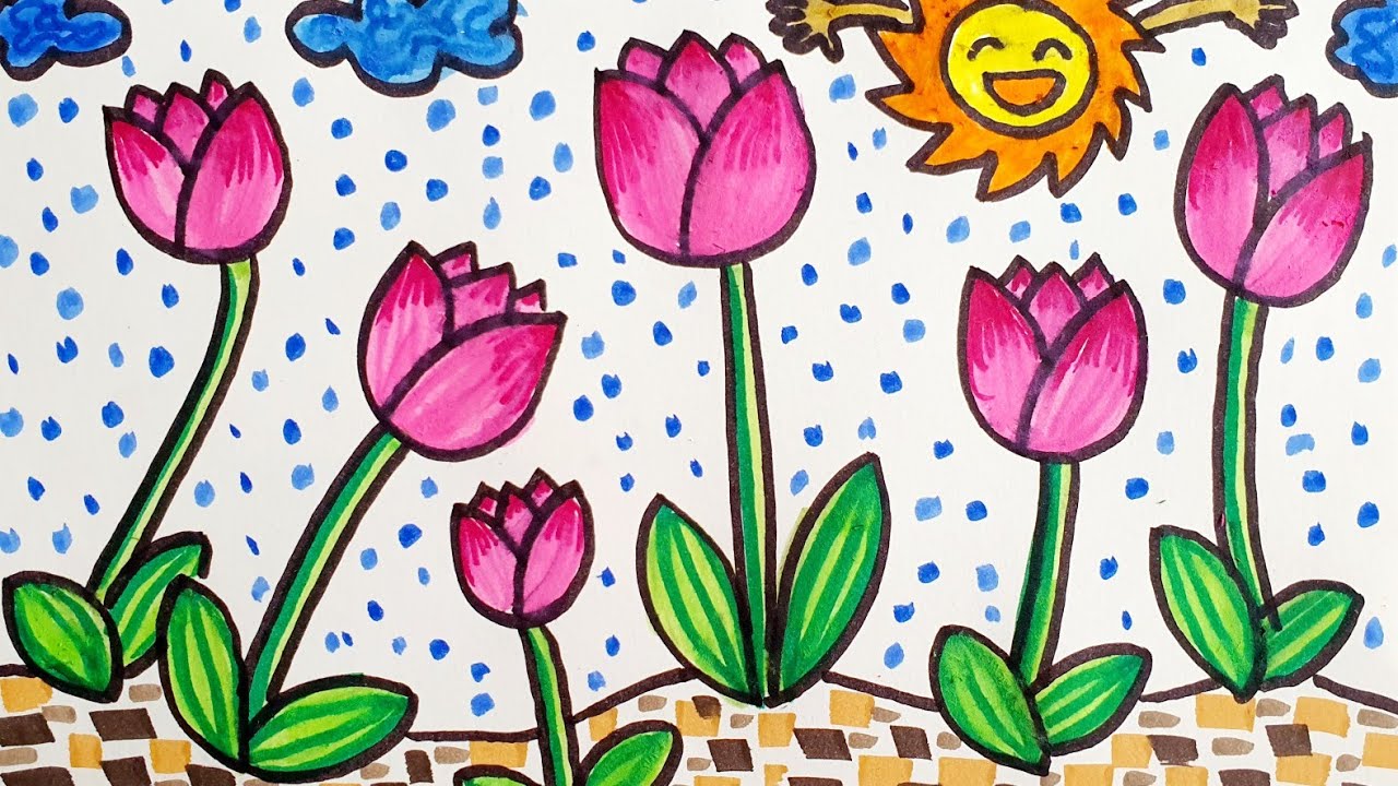 Vẽ hoa, quả| Chủ đề 7| Mĩ thuật lớp 1| Cách vẽ hoa tulip đơn giản| How to draw a simple tulip