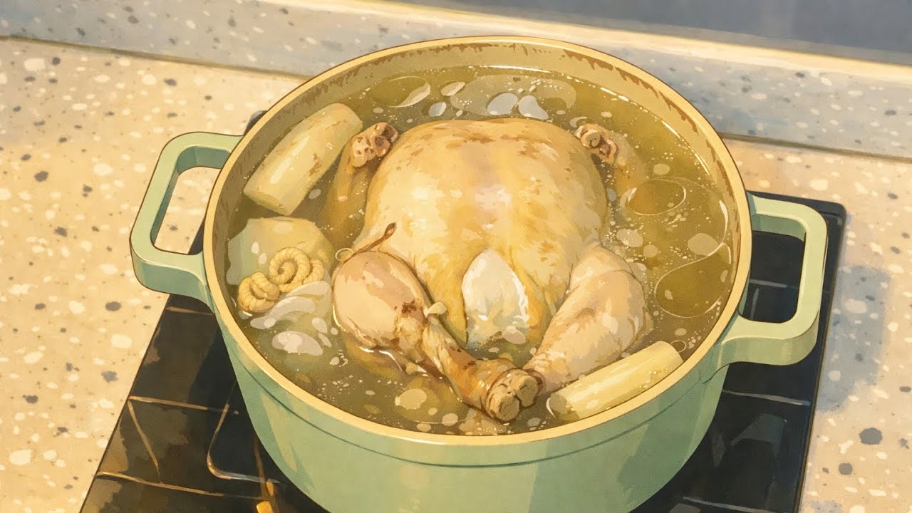 K커플의 밥상. 냄비보다 큰 닭으로 만든 백숙