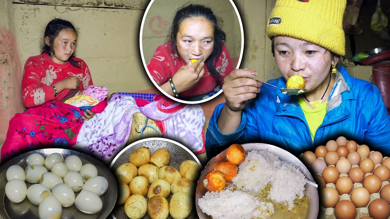Boiled Fry Egg Recipe & Lentils With Rice Cooking, eating in Village Kitchen | New Village life Vlog