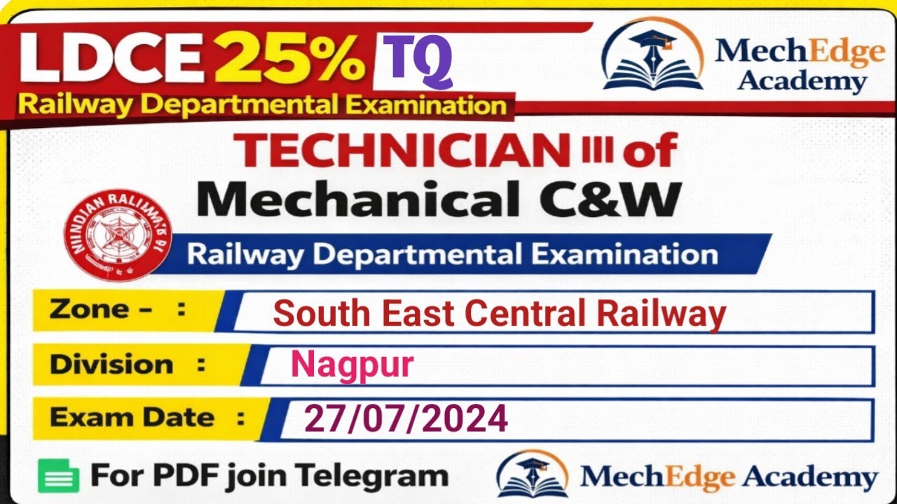 LDCE 25% TQ of Tech lll of Mechanical C&W SECR / Nagpur Division Exam date 27/07/24