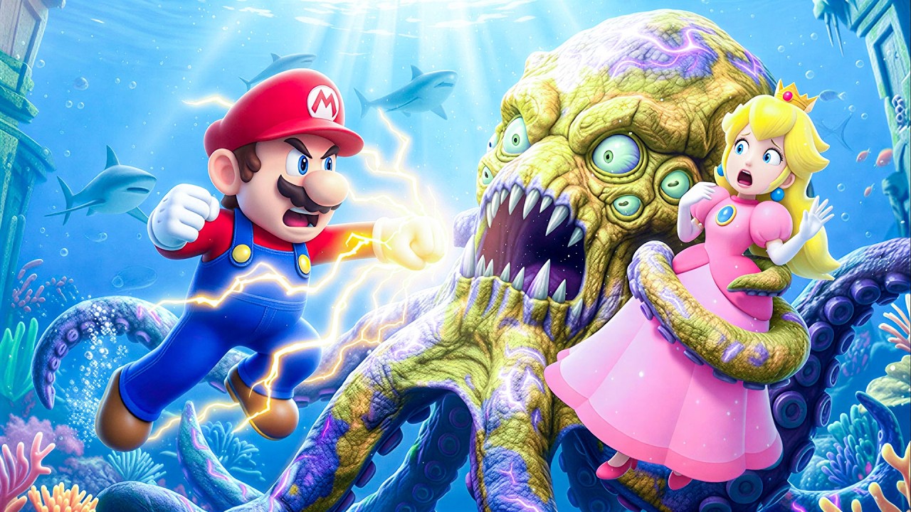 Mario E A Batalha Contra O Monstro Polvo Gigante No Mar Para Resgatar A Princesa
