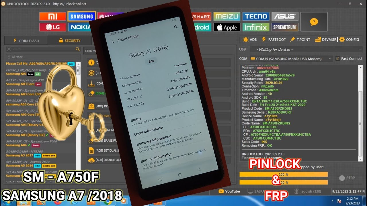 Samsung A7 /2018 (SM-A750F) Pin lock & frp Remove Unlocktool One Click