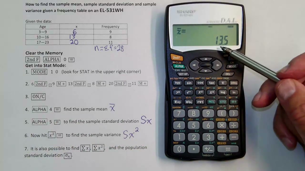 Sample Mean, Standard Deviation & Variance Given Data in a Frequency Table with a Sharp EL-531WH