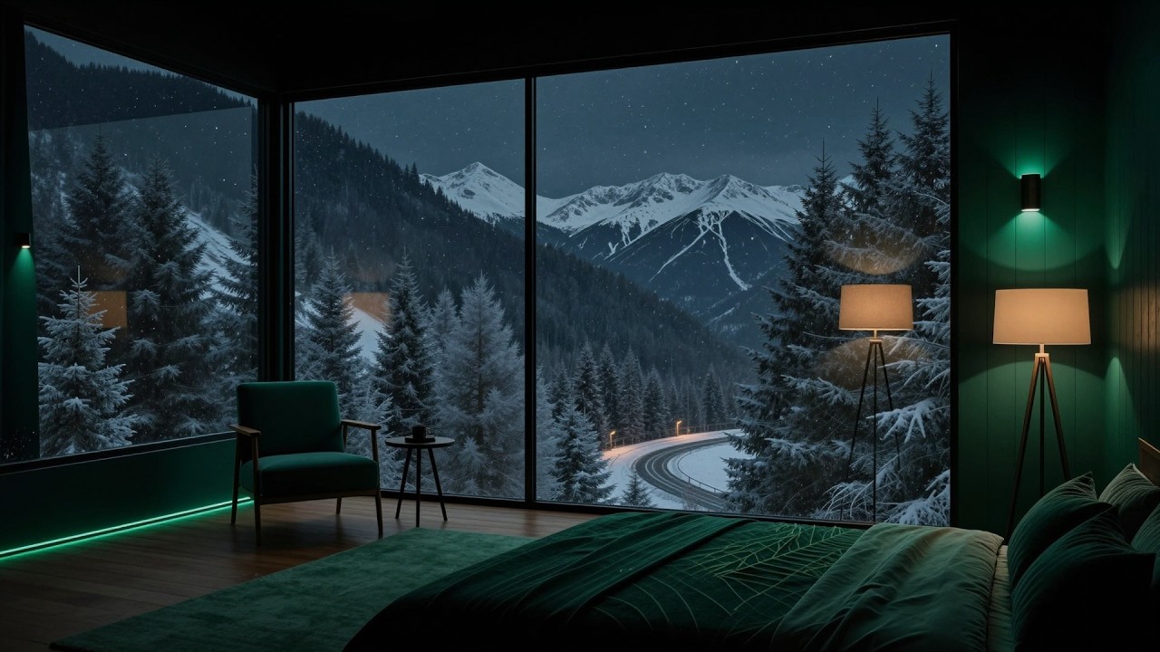 Snow Falling Outside the Mountain Window | Northern Calm Ambience (3 Hours)