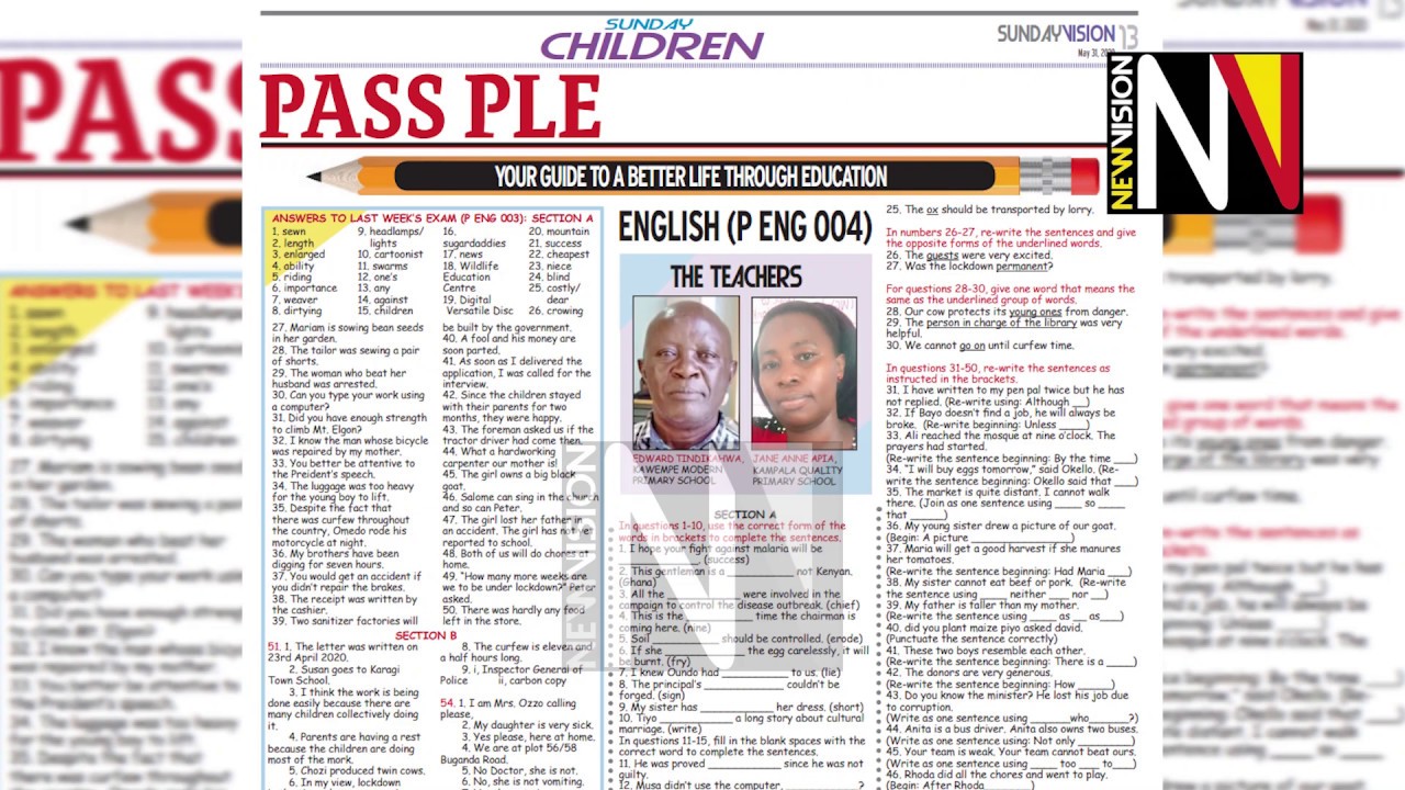 Pass PLE in the Sunday Vision 31 May 2020