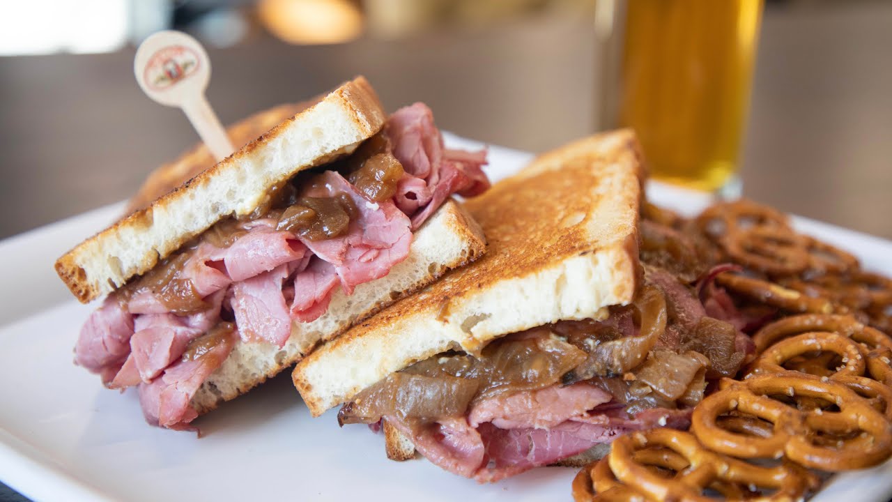 Turano Bread + Vienna Beef St.Paddy's Cheesy Corned Beef Sandwich with Stout Braised Onions