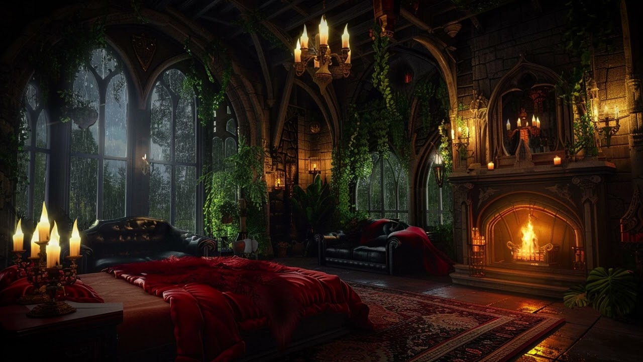 Rain & Fireplace in a Gothic Castle Bedroom | Medieval Fantasy Ambience for Sleep & Relaxation