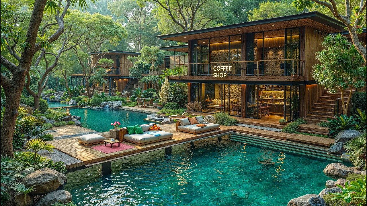 Calm Outdoor Coffee Shop Jazz at a Forest Villa 🍃 Smooth Jazz with Natural Ambience for Relaxation