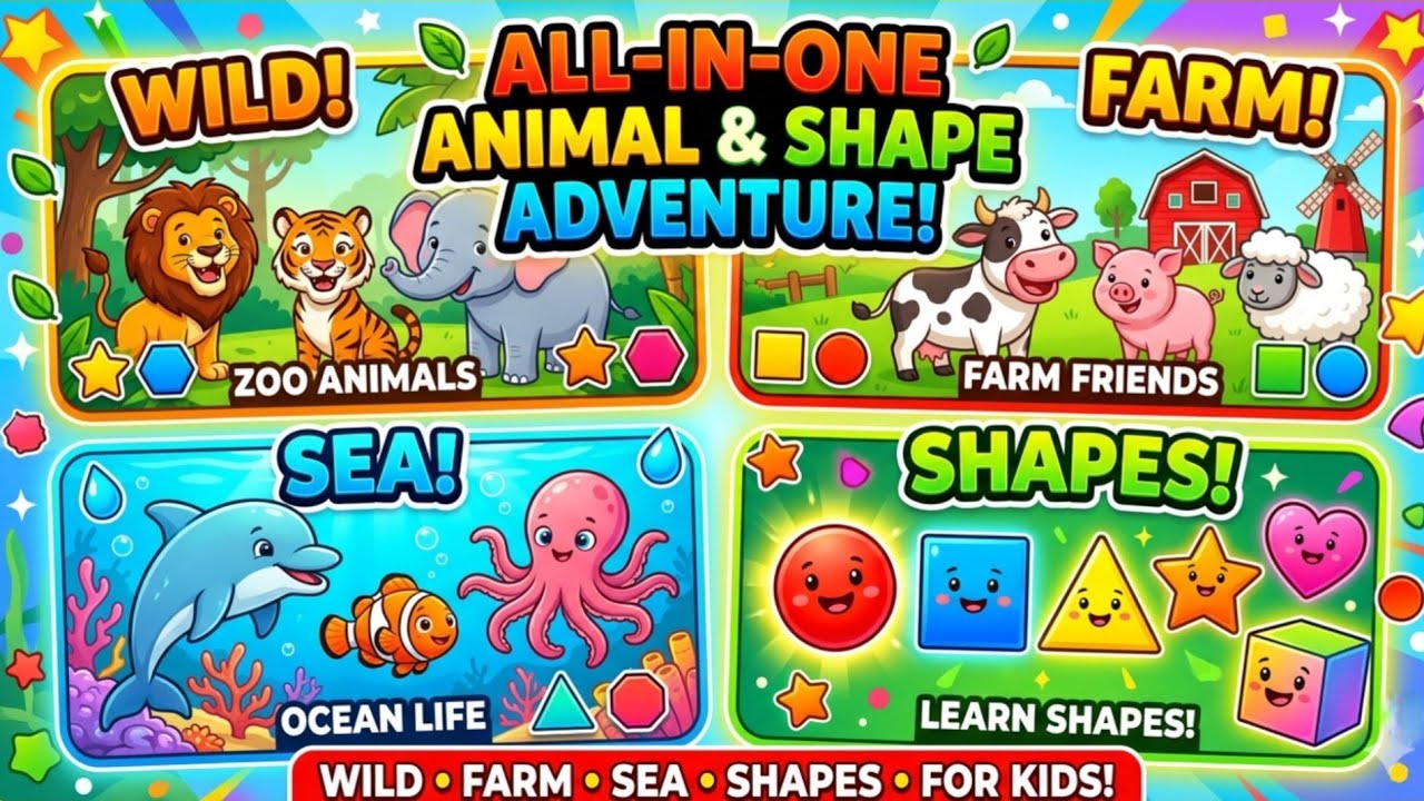 Farm Animals, Wild Animals, Sea Animals, greeting word & shapes | Fun Learning for Kids