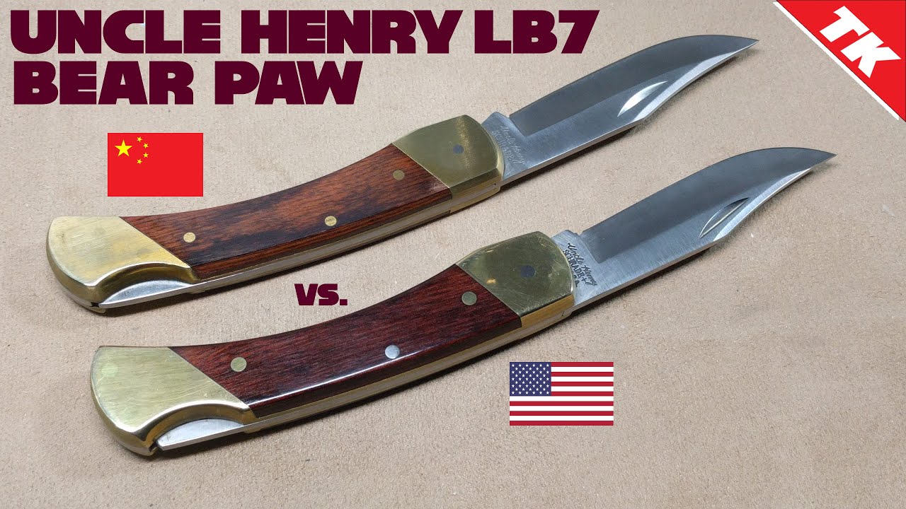 Сравнение складных ножей Schrade Uncle Henry Bear Paw LB7 China и USA