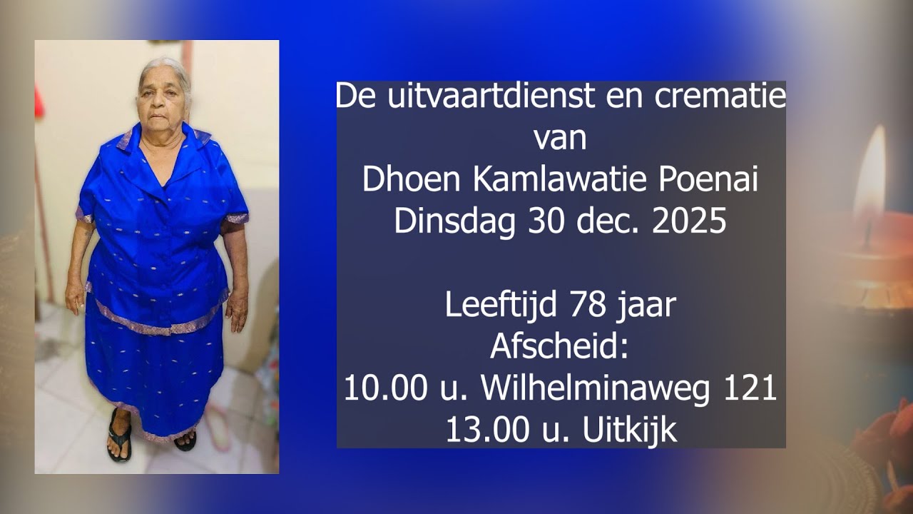 De uitvaartdienst en crematie van Dhoen Kamlawatie Poenai. Dinsdag 30 dec. 2025.
