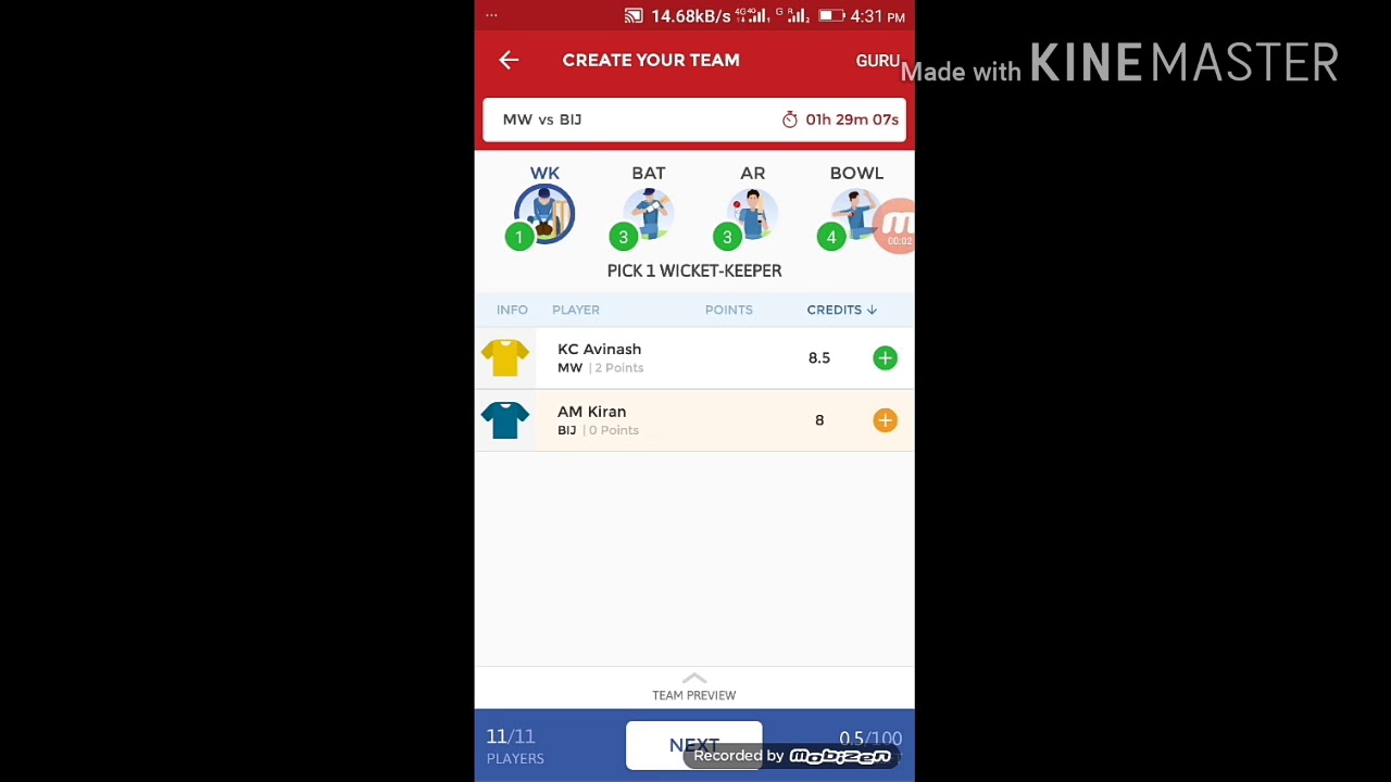 MW vs BIJ dream 11 team