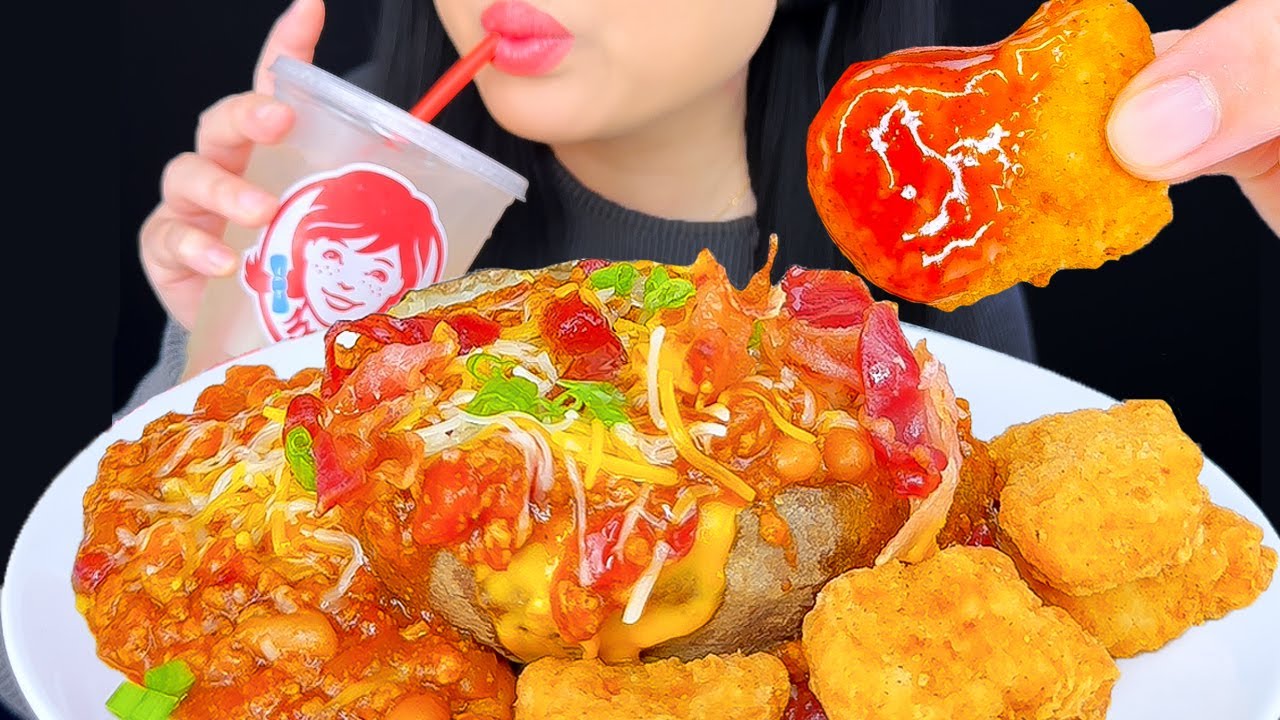 ASMR Chili Cheese Jacket Potato & Chicken Nuggets From Wendy's | Eating Sounds | Mukbang | ASMR Phan
