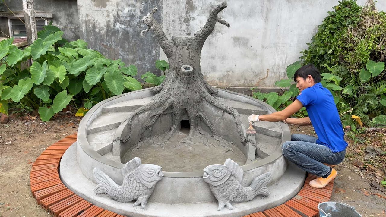 Steps to build a terraced fish tank + Beautiful and Creative tree stump waterfall