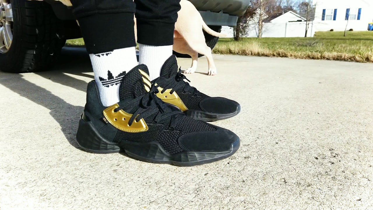 Harden Vol. 4 Black and Gold on feet