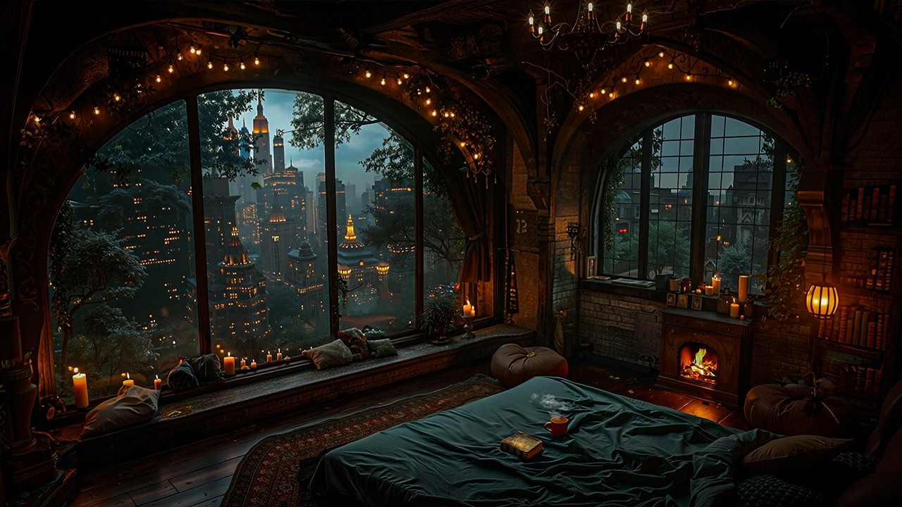 Lost in Books While the City Glows Outside | Relaxing Night Routine | Dark Academia Vibe for Reading