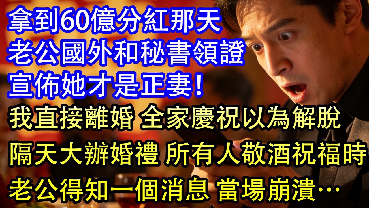 拿到60億分紅那天老公偷偷在國外和秘書領證宣佈她才是正妻！我直接離婚 全家慶祝以為解脫隔天大辦婚禮 所有人敬酒祝福時老公得知一個消息 當場崩潰…
