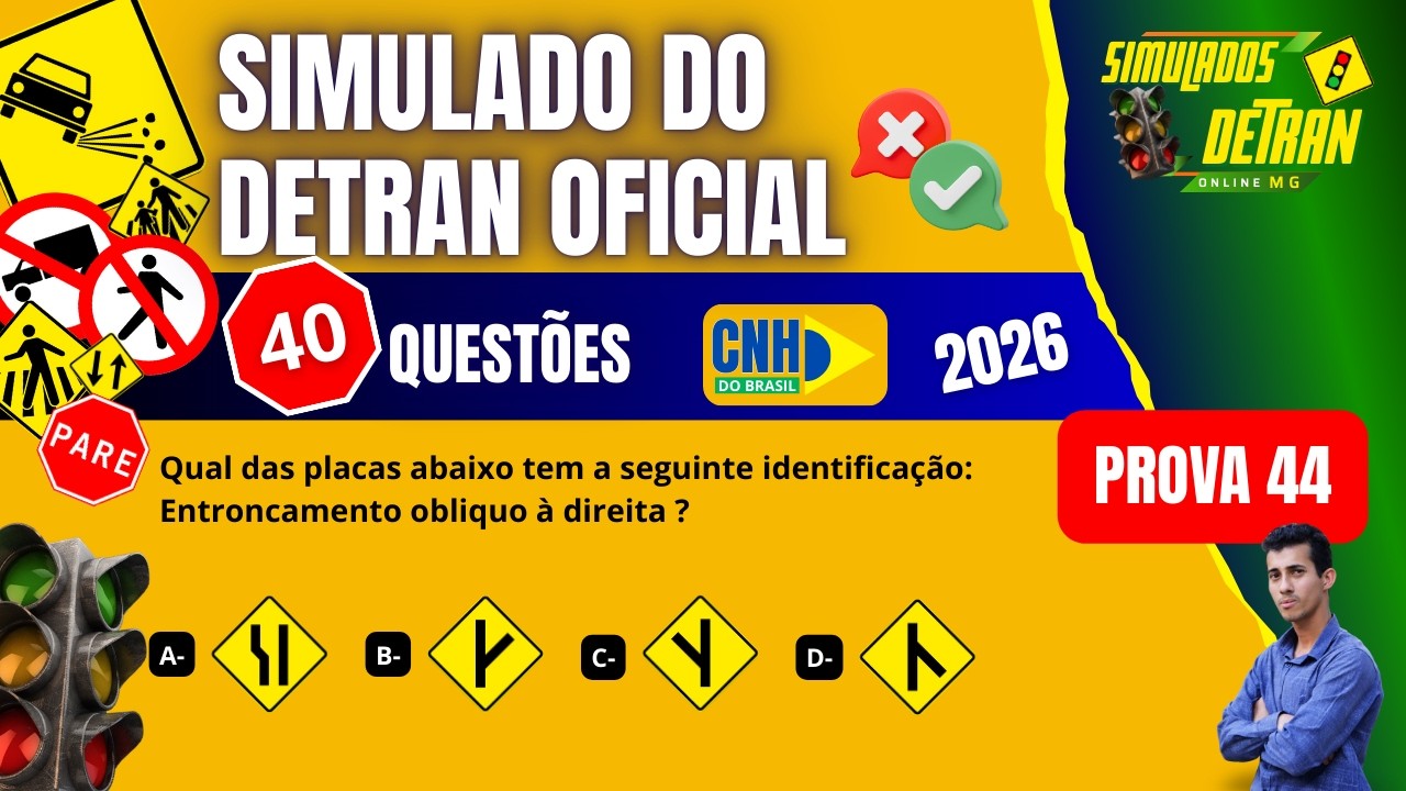 CNH DO BRASIL:  SIMULADO DA PROVA TEÓRICA DO  DETRAN OFICIAL 2026 ( 40 QUESTÕES)  - PROVA 44 ✅
