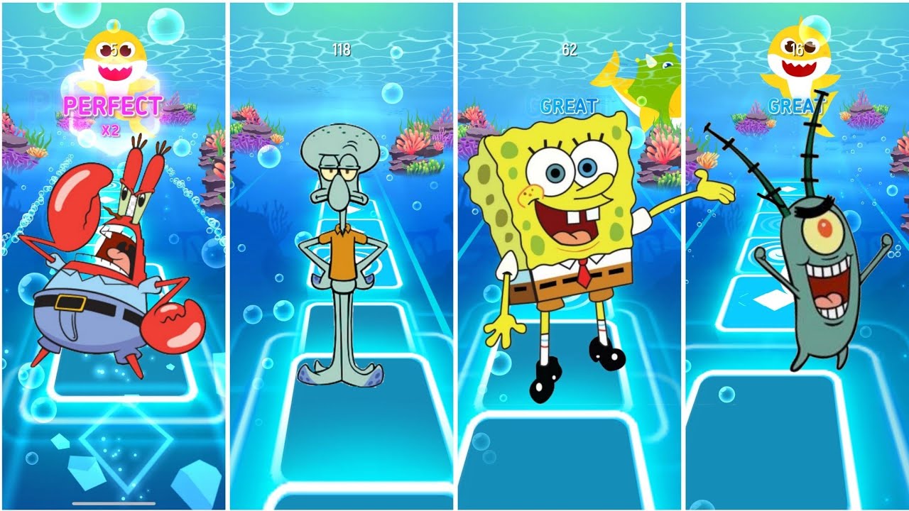 Mr karba 🆚 squidward 🆚 SpongeBob 🆚 Sandy cheeks EDM rush tiles hop