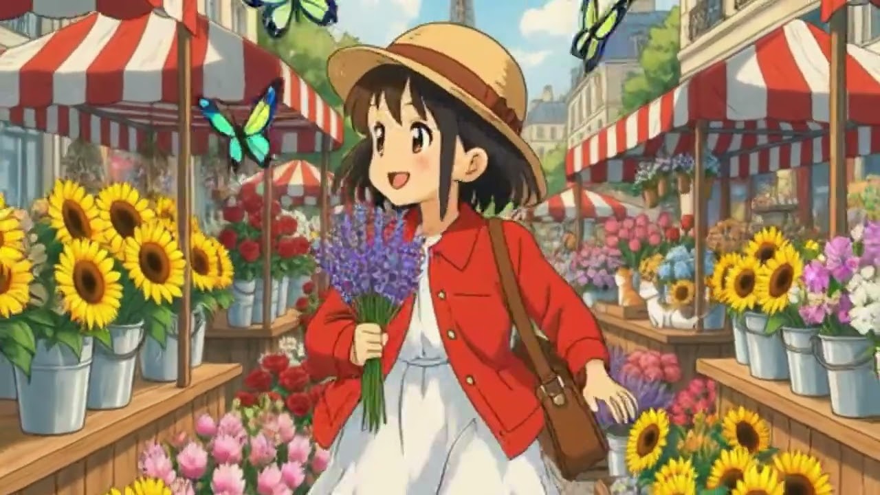 A anime girl visiting Paris. Eating crossiontsand ice cream and riding bikes.in Ghibli style 