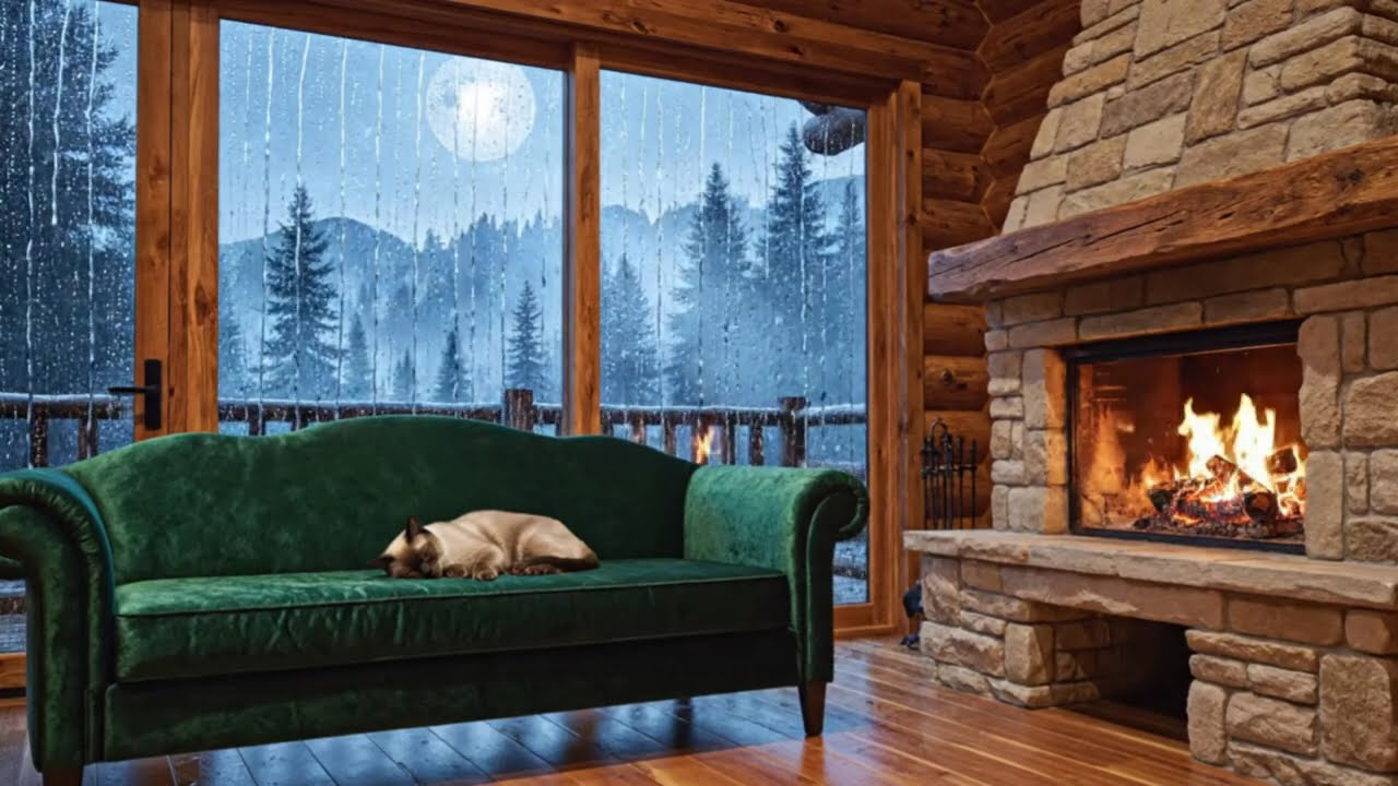 🌧️Rain Sounds and Fireplace Ambience in Cozy Cabin for Deep Sleep (10 Hours)