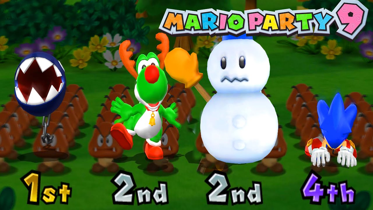Mario Party 9 Garden Battle - Chainchomp vs Yoshi vs Sonic vs Snowman (Master Difficulty)#mario