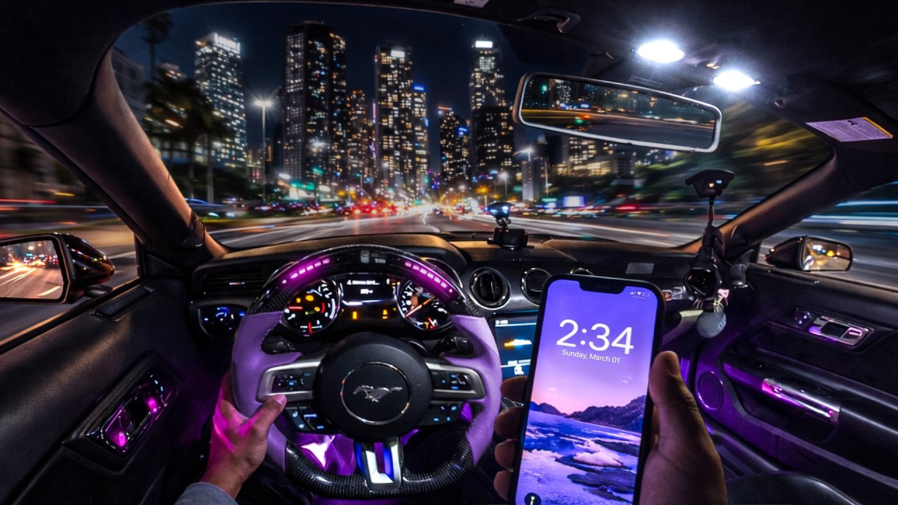 Ночная поездка на Mustang мощностью 1100 л.с. от первого лица в центре Лос-Анджелеса