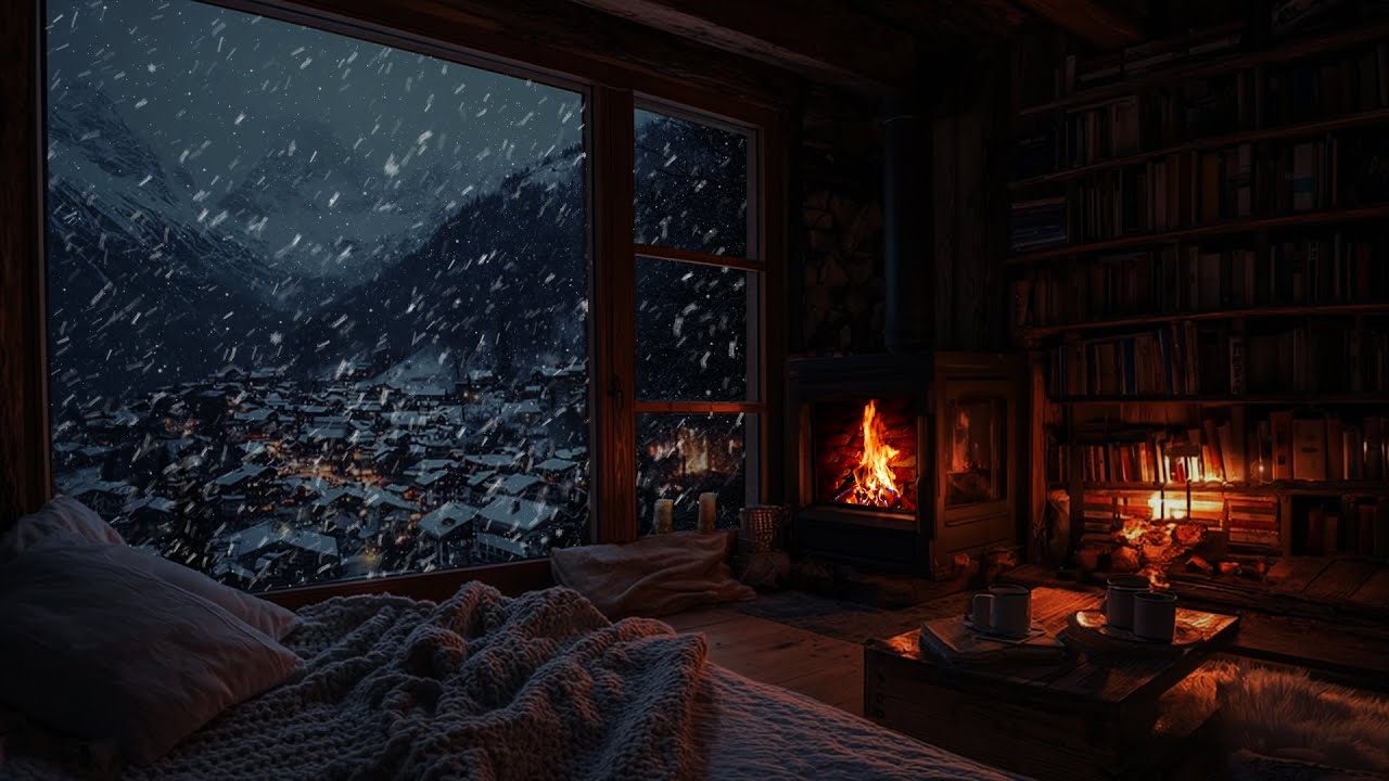 Peaceful Firelight & Falling Snow ❄️🔥 Soothing Night Ambience for Deep Rest