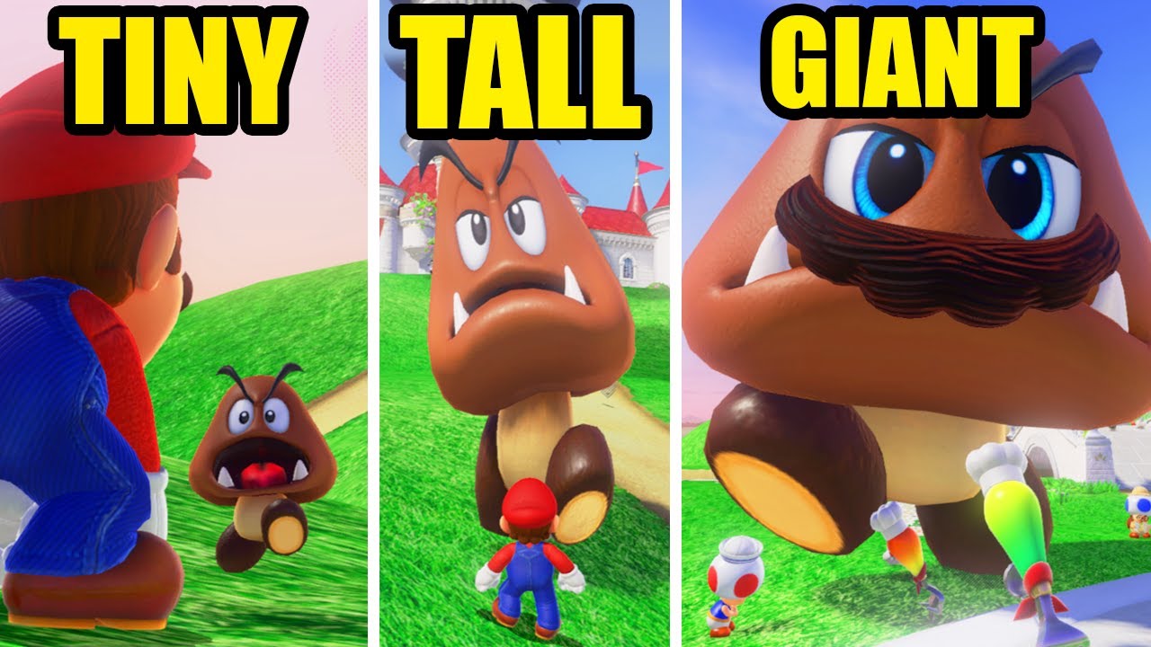 TINY vs TALL vs GIANT Mario Enemies! (Mario Odyssey Size Mod) - Goomba, Chain Chomp, T-REX + MORE!