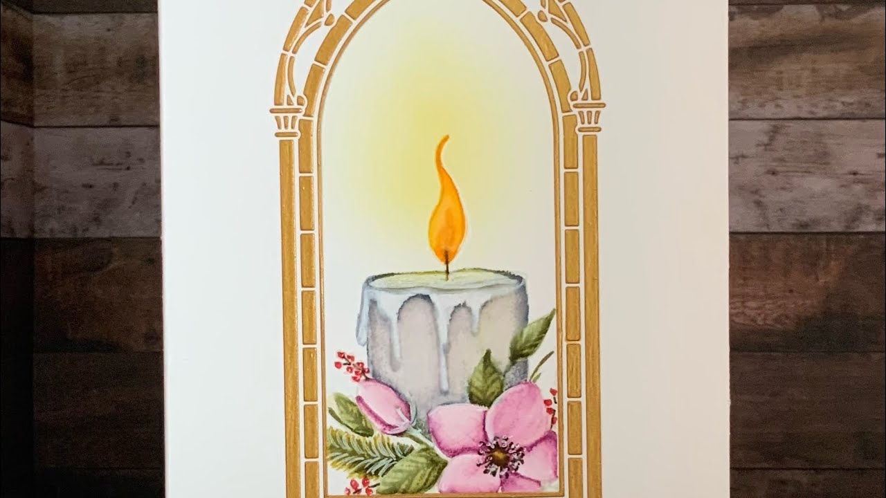 Sweet Poppy stencils window aperture Christmas card no line watercolour & dimension paste video #34