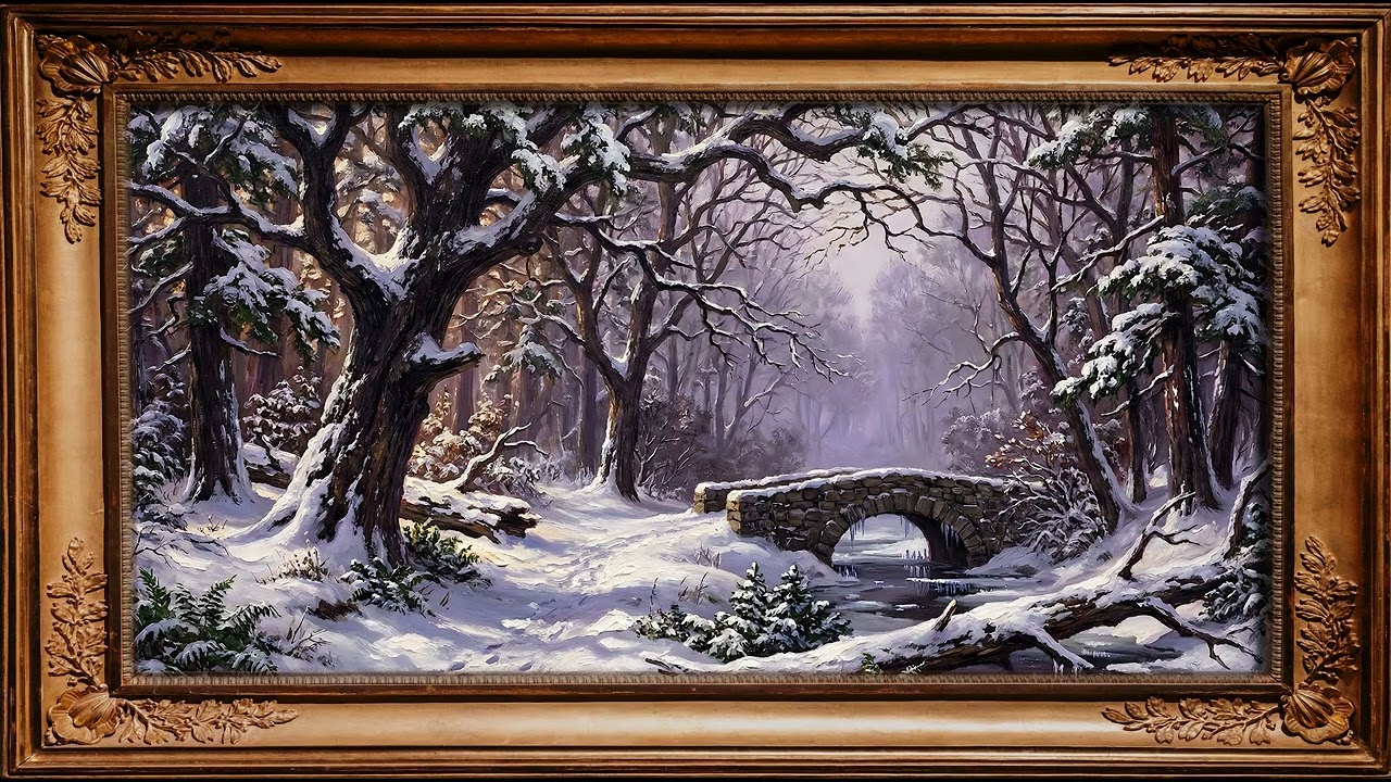 Dark Academia Winter Forest | Snowy Woodland Path Oil Painting | Old Money Nature TV Art