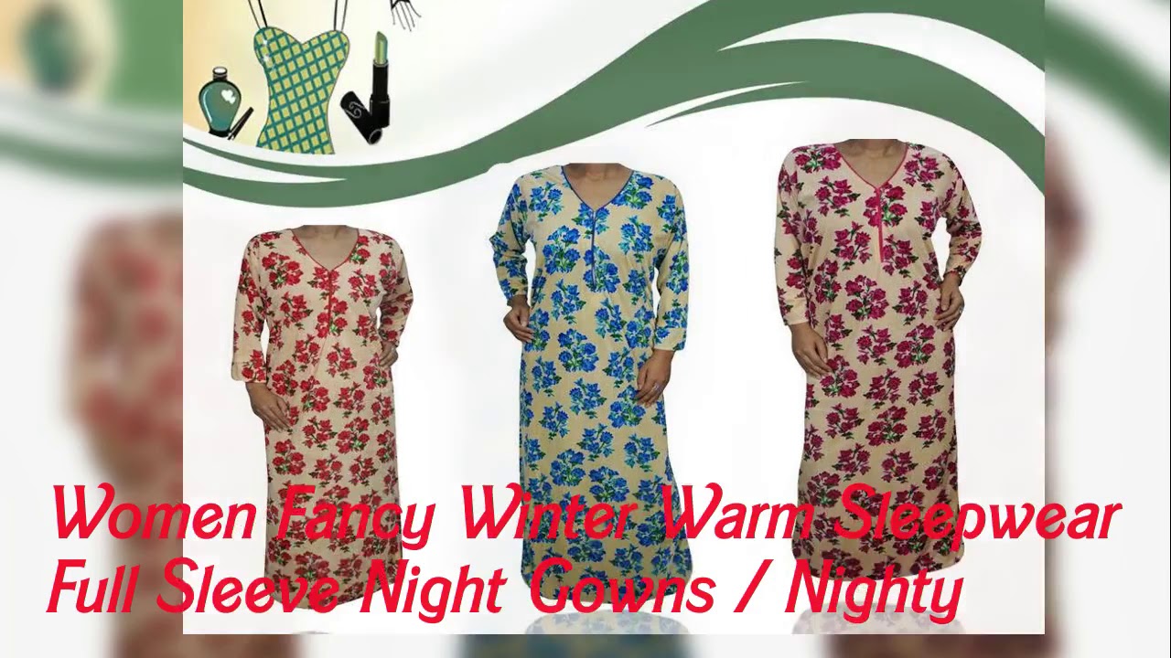 Women Fancy Winter Warm Sleepwear Full Sleeve Night Gowns / Nighty