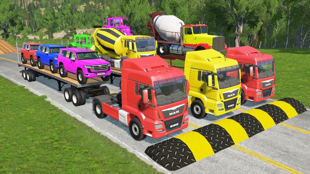 TRANSPORTING PIXAR CARS & FRUITS WITH COLORED & JOHN DEERE vs CLAAS vs TRACTORS - BeamNG.drive #962