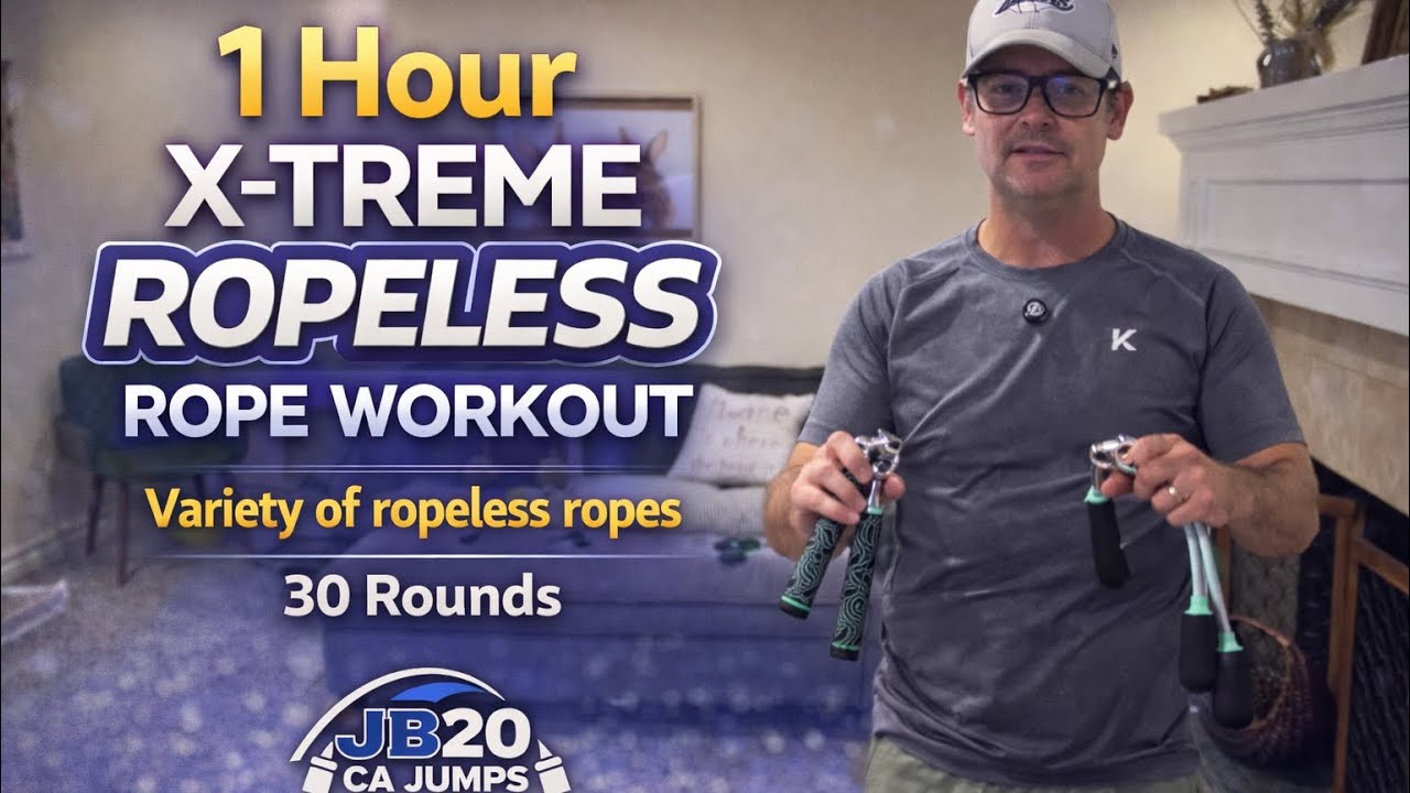 1 hour X-treme ropeless rope workout: 30 rounds- variety of ropes and jumps