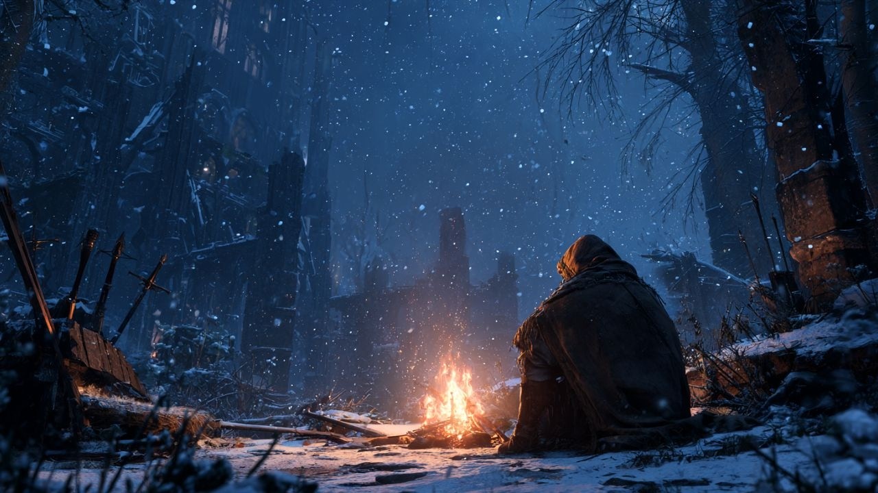 Enchanting Forest Night - Calming Music by the Campfire & Nature Sounds | Snowfall & Crackling Fire