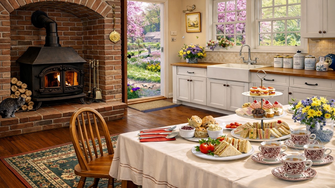 Cozy Spring Kitchen by the Fireplace | Afternoon Tea, Cat & Relaxing Nature Sounds
